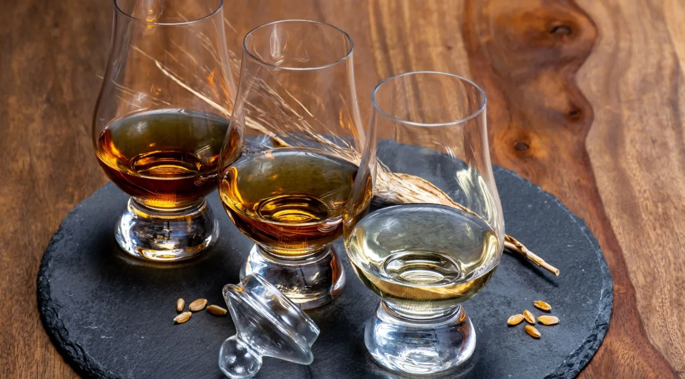 A tasting flight of three Irish whiskeys with barley grains on a slate board
